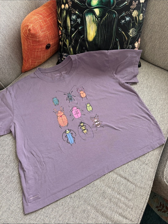 Life Is Good Tops - Life Is Good Purple Boxy Tshirt with Multicolor Beetles and Bugs Graphics